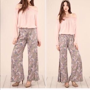 Wide Leg Bell Bottom Floral Pants M Taupe Boho